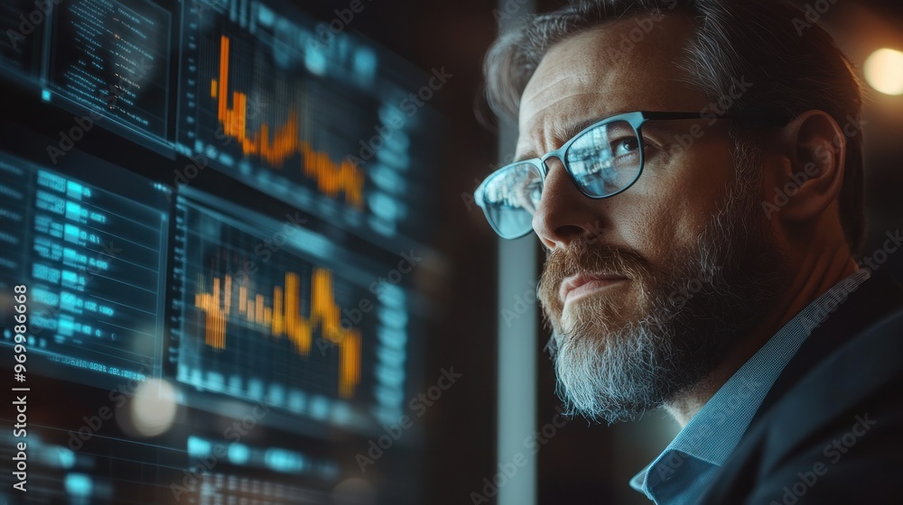 Poster bearded man in glasses looking at data on a computer screen