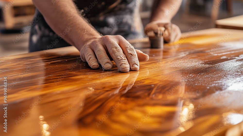 Poster craftsman applying finish to a handcrafted wooden table in a workshop setting during daylight hours
