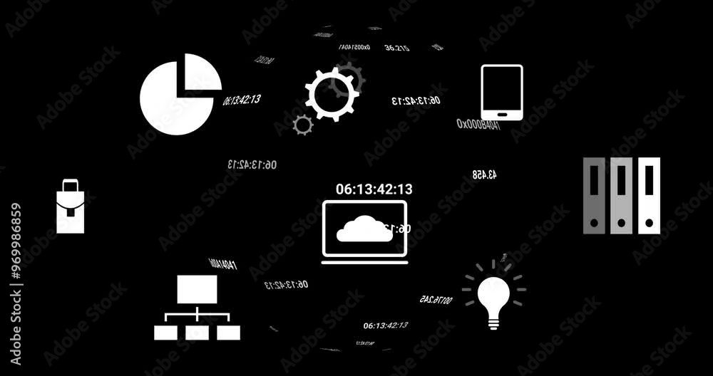 Poster animation of financial data processing and icons over black background