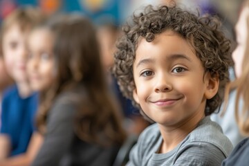 Happy boy looking at the camera, other children sitting behind him