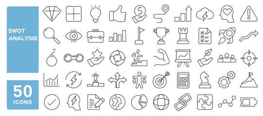 Set of 50 line icons related to swot analysis, strengths, weaknesses, opportunities, threats, business, strategy, idea, target, Editable stroke. Vector illustration