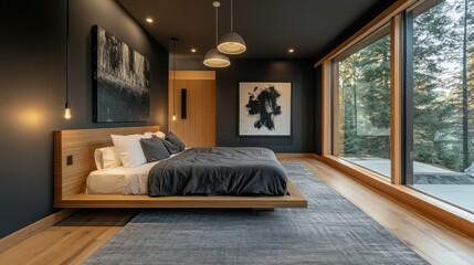 Modern minimalist bedroom with large windows and natural lighting during the day