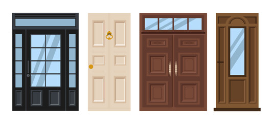 Set of doors. White, black and brown doorways. Exterior and facade. Elements of architectures. Cottage, townhouse and home. Flat vector collection isolated on white background