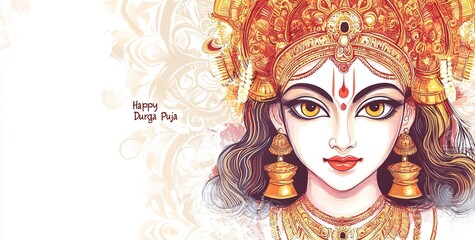 Happy Indian Religion Festival Maa Durga face, Durga, Pooja, Navratri,  Banner, Card, Holding Design with Goddess Durga Background. 
