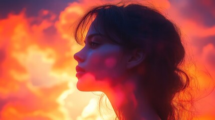 Woman's Profile Silhouetted Against a Red and Orange Sky