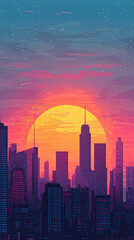Obraz premium A vibrant city skyline at sunset, showcasing colorful hues and silhouettes
