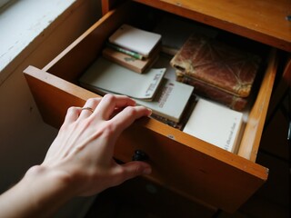 A person wearing a ring opens a vintage wooden drawer filled with various small notebooks, cards, and a leather-bound book, capturing a moment of curiosity and exploration.