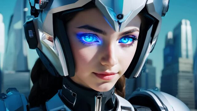 Futuristic warrior in sleek armor poses against a vibrant city skyline during bright daylight