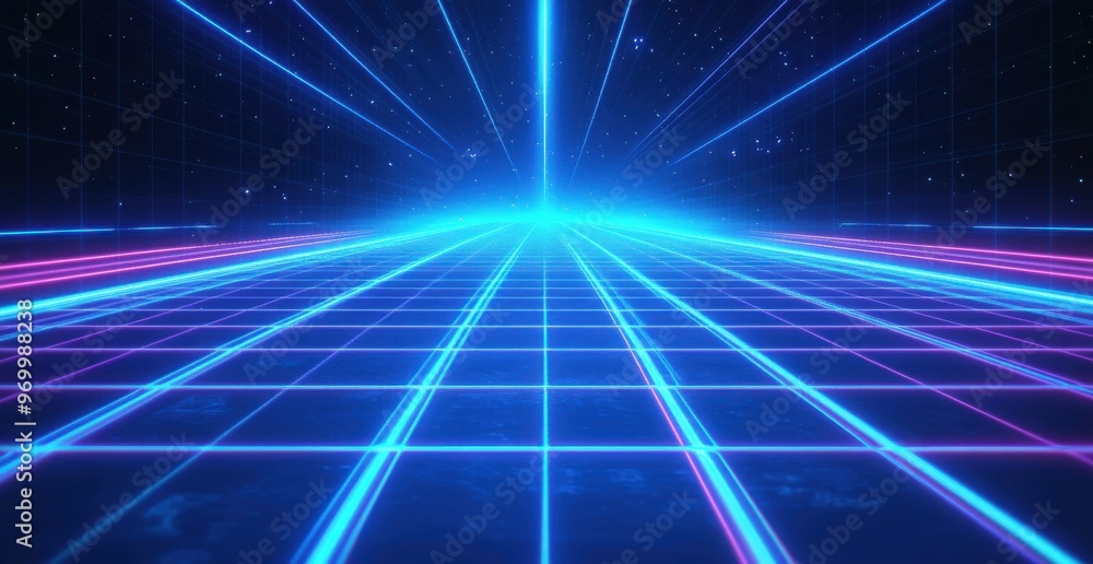 Poster futuristic blue grid background with neon lines and starry sky creating a retro cyberpunk atmosphere