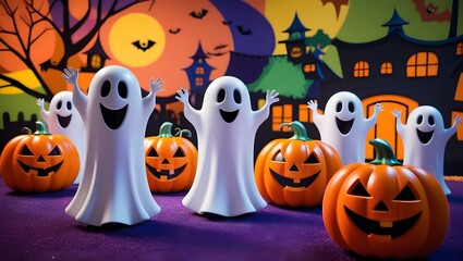 A playful Halloween cartoon with friendly ghosts and smiling pumpkins. Bright colors, whimsical backgrounds, and simple shapes