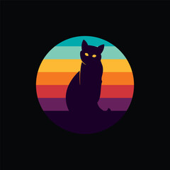 Silhouette of a cat against a retro sunset. Original vector illustration in vintage style.