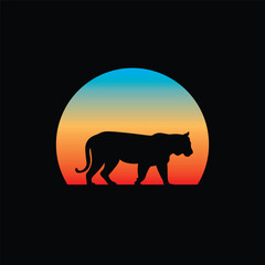 Silhouette of a tiger against a striped retro sunset. Original vector illustration in vintage style isolated on light background. T-shirt design.