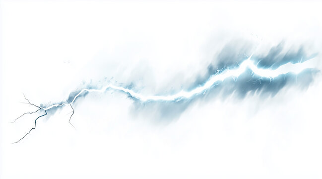Dynamic lightning bolt frozen in mid-strike isolated on a white background. Weather phenomena isolated on white. Photo realistic photo.
