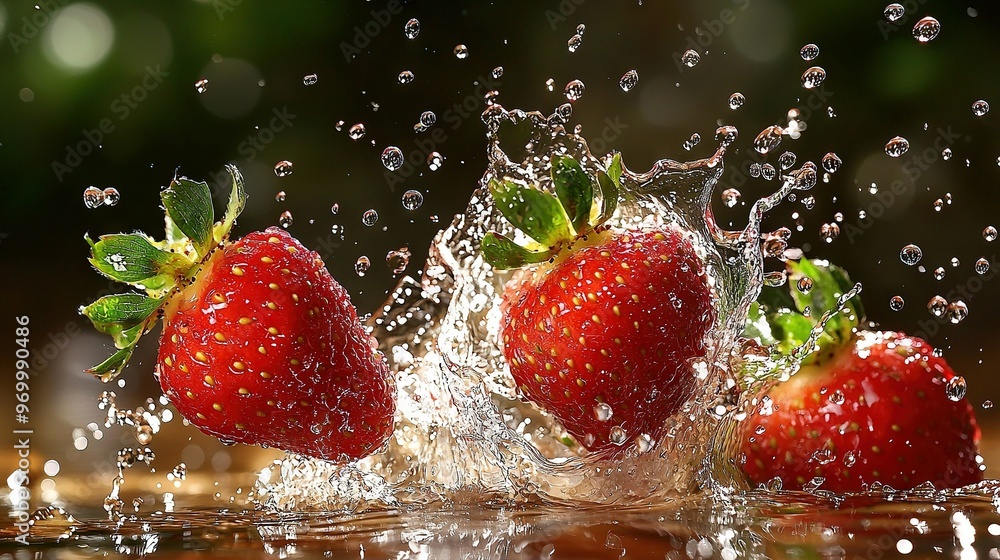 Poster   A trio of strawberries splash into a body of water with green foliage floating above them