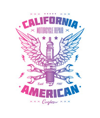 Retro poster. Spark plug and wrenches against the background of wings. Original vector illustration in vintage style. T-shirt design.