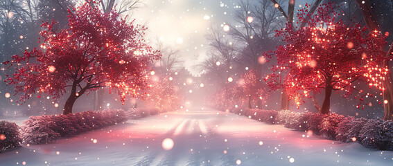 Fototapeta premium Snowy City Park with Apple Trees