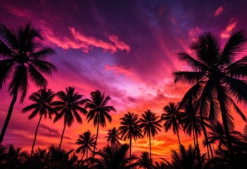 Obraz premium vibrant palm silhouettes framed stunning sunset hues colorful sky, twilight, orange, red, yellow, blue, gradient, clouds, evening, light, shadow, nature