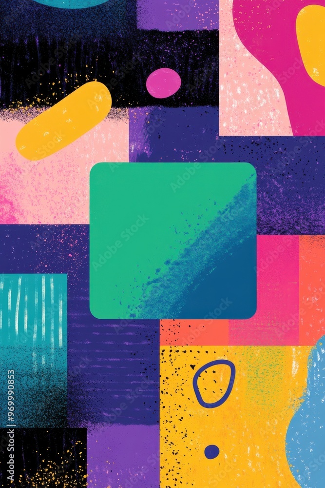 Poster colorful abstract banner featuring an animated square with vibrant geometric patterns and modern art