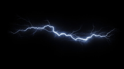 Dynamic lightning bolt frozen in mid-strike isolated on a black background. Weather phenomena isolated on white. Photo realistic photo.
