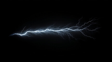 Fototapeta premium Dynamic lightning bolt frozen in mid-strike isolated on a black background. Weather phenomena isolated on white. Photo realistic photo. 