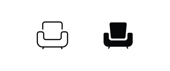 armchair seat. Upholstery furniture for living room bedroom. living chair line and flat icons set, editable stroke isolated on white, linear vector outline illustration, symbol logo sign design
