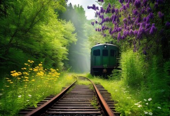 Fototapeta premium vibrant untamed foliage surrounds abandoned train tracks lush green landscape, abandonment, greenery, nature, wilderness, plants, overgrowth, rail