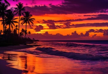 vibrant silhouettes palm trees breathtaking sunset skies rich hues purple, sky, colors, orange, pink, tropical, nature, landscape, evening, beauty, horizon