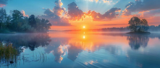 Obraz premium Summer Sunrise Over Lake Panorama