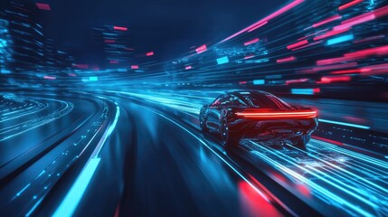 Fototapeta premium Futuristic Car Speeding Through Neon City.