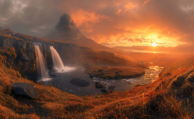 Fototapeta premium Sunrise at Kirkjufellsfoss Waterfall, Kirkjufell Mountain, Iceland