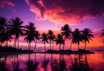 Obraz premium tropical oasis featuring vibrant palm silhouettes colorful dusk sky gradients purple, trees, shadows, orange, pink, nature, landscape, scenery, exotic, evening