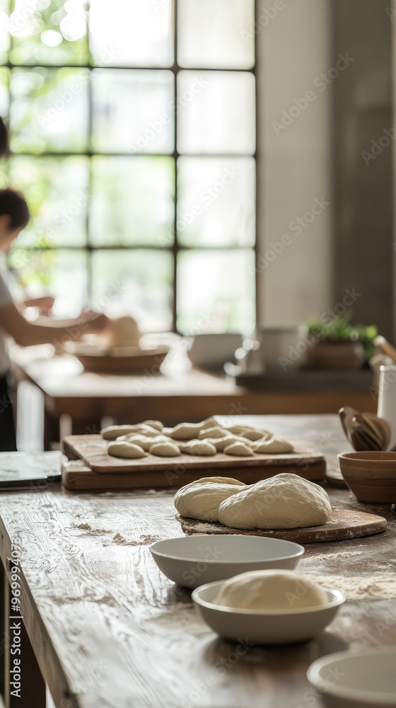 Poster a serene view of bread making workshop with participants preparing dough