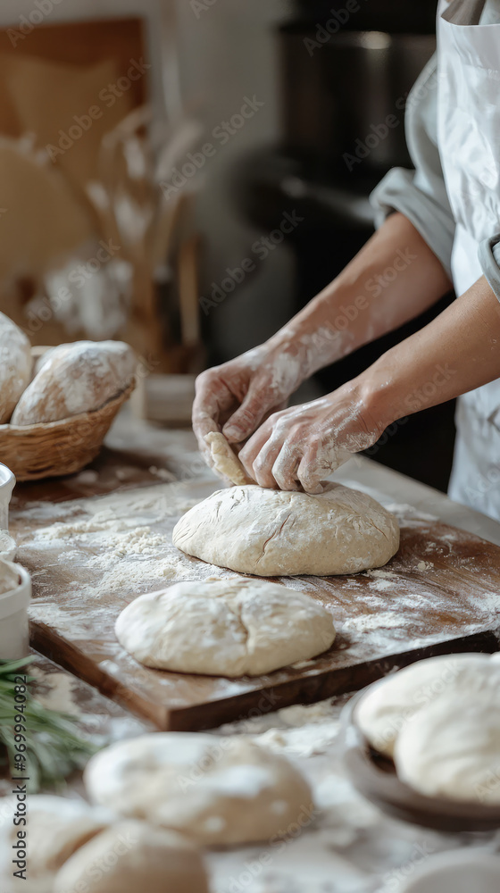 Poster a serene view of bread making workshop with hands kneading dough, creating warm atmosphere
