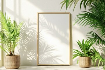 Tropical Boho Interior Design with Modern Poster Frame Mockup
