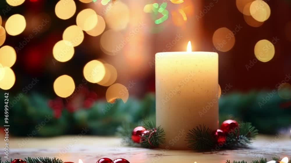 Poster white candle is burning on a table with christmas tree branches and red ornaments, creating a warm a