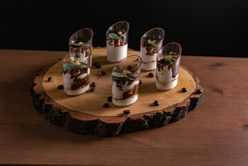 Elegant Rustic Layered Dessert Presentation on Wooden Board