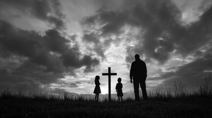 Fototapeta premium Family looking christian cross silhouette 