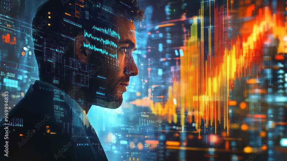 Poster a man's profile overlaid with digital data and a data visualization