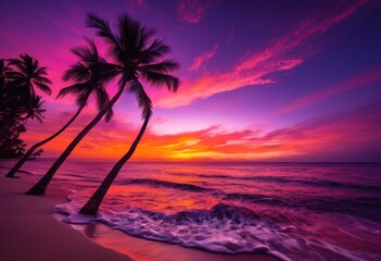 Obraz premium vibrant sunset over tropical beach showcasing striking silhouettes palm trees colorful sky, landscape, evening, nature, summer, clouds, horizon, scenery
