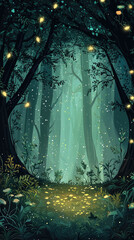 A serene fantasy forest with glowing lights and lush greenery