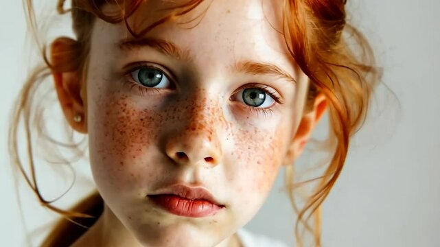 Young girl with striking red hair and freckles displays natural beauty in a serene indoor setting