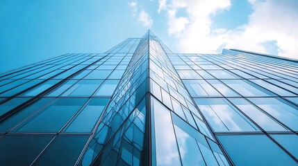 Obraz premium Low angle view of modern glass skyscraper with blue sky and clouds