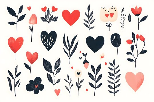 Set of contour doodles on love theme, romance, February 14, Valentine's Day.