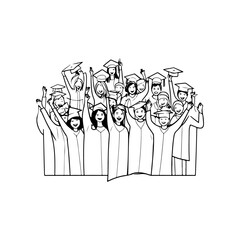 graduates in square academic caps. Cheerful people silhouette