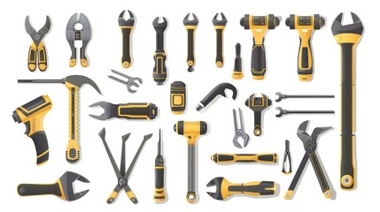 A collection of various tools, including wrenches, pliers, screwdrivers, a hammer, a chisel, and a drill, isolated on a white background.