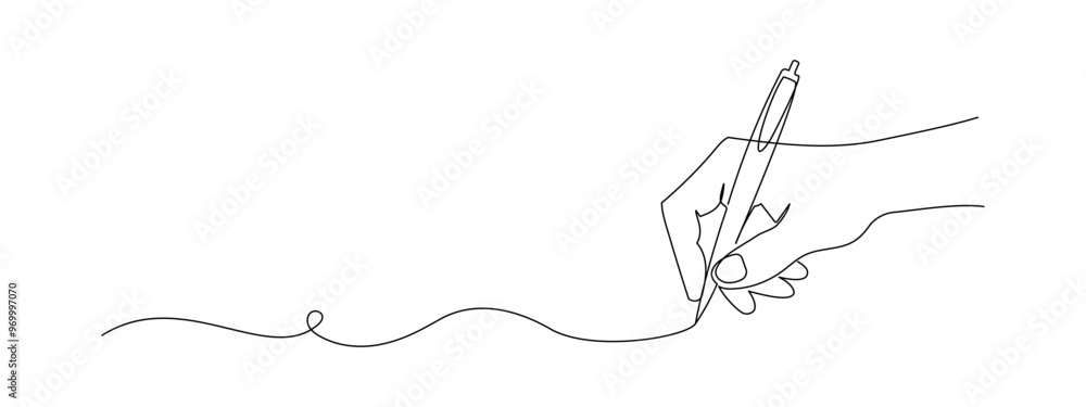 Leinwandbilder hand holding pen and writing in one continuous line drawing. letter and diary concept in simple line