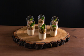 Gourmet Dessert Presentation on Rustic Wooden Platter