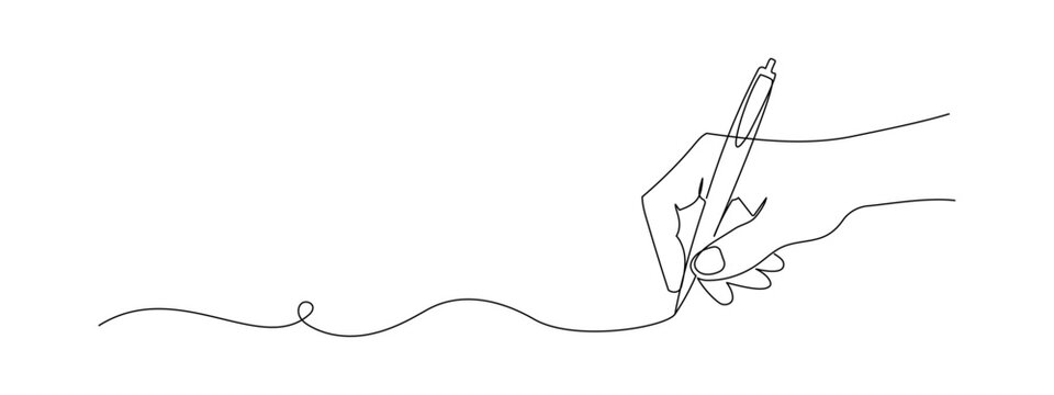 Hand holding pen and writing in one continuous line drawing. Letter and diary concept in simple linear style. School lesson symbol in editable stroke. Doodle hand drawn vector illustration