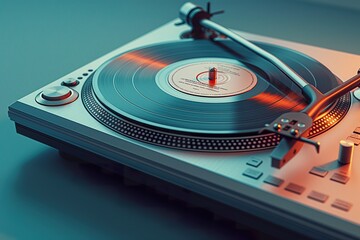 A detailed illustration of a vintage record player on a serene blue background inviting a sense of nostalgia and musical ambiance