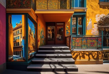 Fototapeta premium colorful urban street scene showcasing detailed lively intricate artistic elements dynamic city environment, architecture, buildings, structures, cityscape
